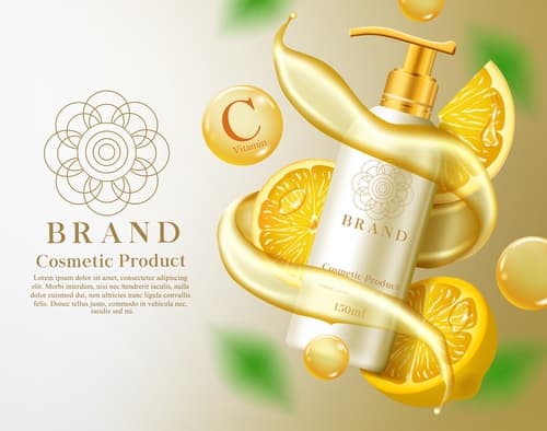 Banner quảng cáo dầu gội đầu tinh chất cam, dòng nước uốn quanh, lát cam minh họa