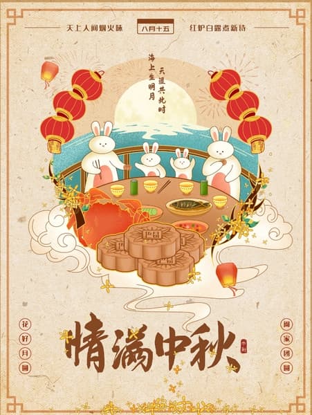 Poster, Banner minh họa chủ đề tết trung thu gia đình thỏ