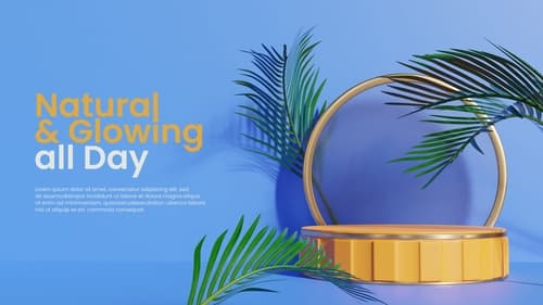 Bục trang trí sản phẩm với phông nền màu xanh tím, lá cây