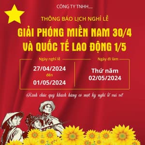 Thông báo nghỉ lễ 30.4 - 01.5 nền màu đỏ mẫu 33 file PSD