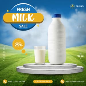 Poster giảm giá sữa tươi trên bục với nền là đồng cỏ A36 file PSD