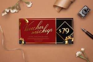 Mockup phiếu quà tặng với bút mực E57 file PSD