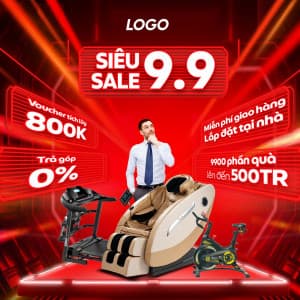 Poster giảm giá ghế massage và máy chạy bộ trên nền đỏ file PSD