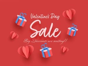 Banner giảm giá ngày lễ tình nhân hộp quà cùng trái tim đỏ file vector mẫu số 282