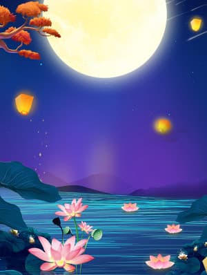 Ảnh minh họa trung thu với ánh trăng và hoa sen T01 file PSD